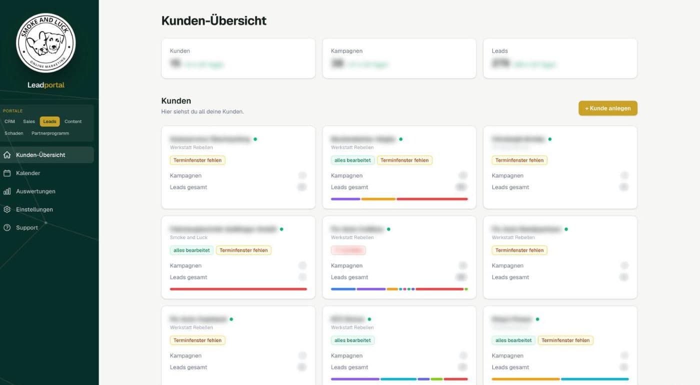 Leadportal als zentrale Übersicht aller eingehenden Anfragen, Namen unkenntlich