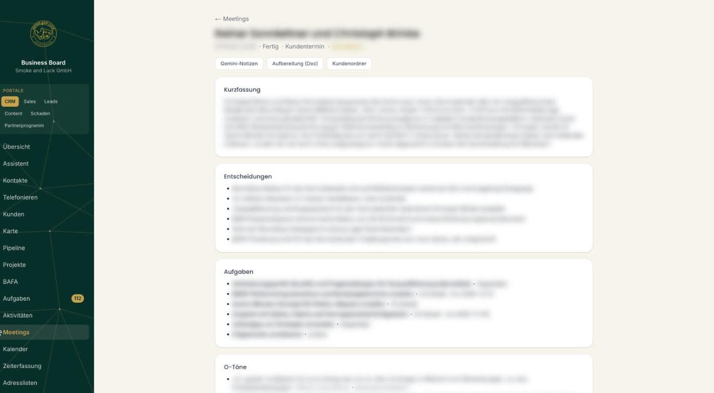 CRM mit automatisch aufbereiteter Gesprächsnotiz und daraus erzeugten Aufgaben, Namen unkenntlich