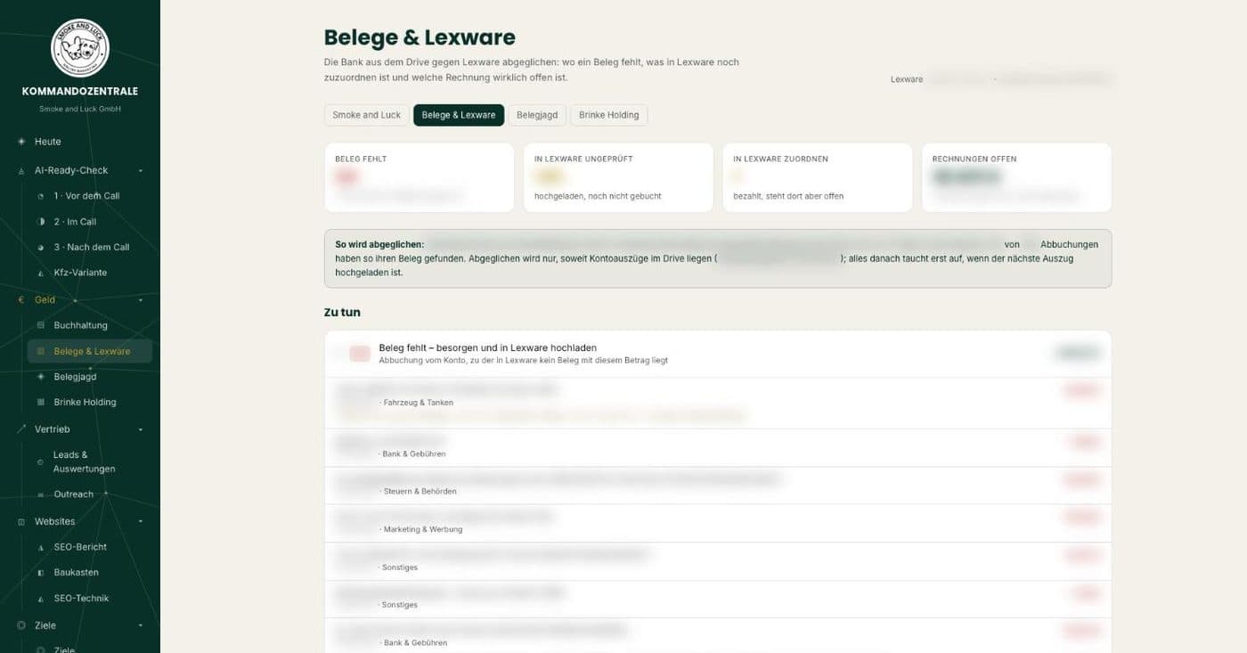 Kommandozentrale mit Belegabgleich zwischen Bank und Buchhaltung, Beträge unkenntlich
